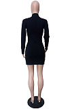 Women Ribber Long Sleeve High Neck Personality Single-Breasted Slim Fitting Solid Color Hip Dress LS6320