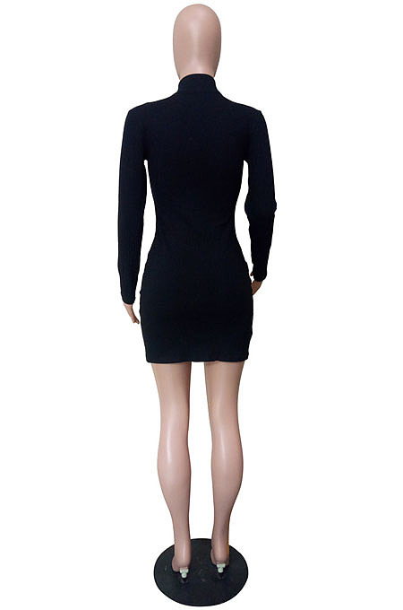 Women Ribber Long Sleeve High Neck Personality Single-Breasted Slim Fitting Solid Color Hip Dress LS6320