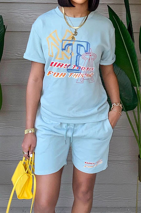 New Simple Women Letter Printed Short Sleeve Shorts Casual Sport Suit OEP6321