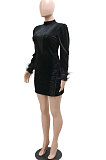 Sexy Fashion Feather Collect Waist Velvet Skinny Mini Dress CCY9526