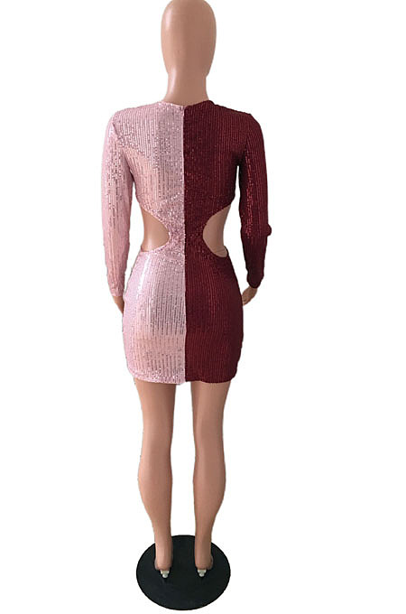 Night Club Sexy Sequins Matching Color Long Sleeve Round Neck Dew Waist Bodycon For Party Hip Dress JLX3520