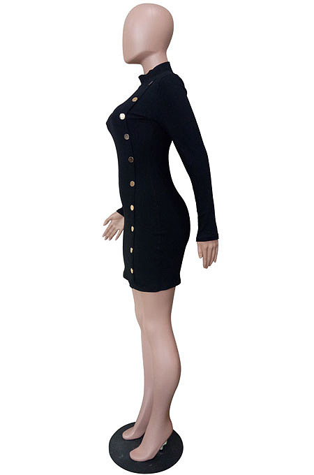 Women Ribber Long Sleeve High Neck Personality Single-Breasted Slim Fitting Solid Color Hip Dress LS6320