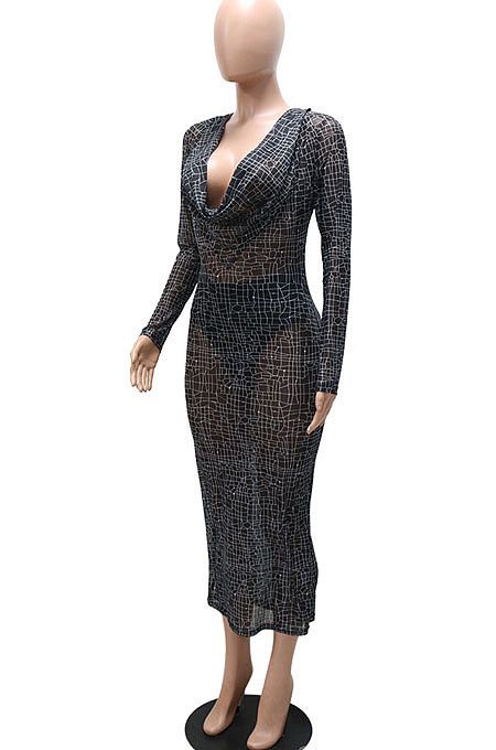 Sexy Trendy Deep V Collar Perspectivity Printing Hip Midi Dress NO Underwera CCY9523