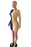 Night Club Sexy Sequins Matching Color Long Sleeve Round Neck Dew Waist Bodycon For Party Hip Dress JLX3520