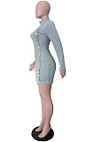 Women Ribber Long Sleeve High Neck Personality Single-Breasted Slim Fitting Solid Color Hip Dress LS6320