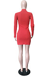 Women Ribber Long Sleeve High Neck Personality Single-Breasted Slim Fitting Solid Color Hip Dress LS6320
