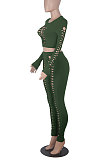 Women Solid Color Hollow Out Crop Fashion Casual Pants Sets WMZ0099