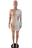Night Club Sexy Sequins Matching Color Long Sleeve Round Neck Dew Waist Bodycon For Party Hip Dress JLX3520