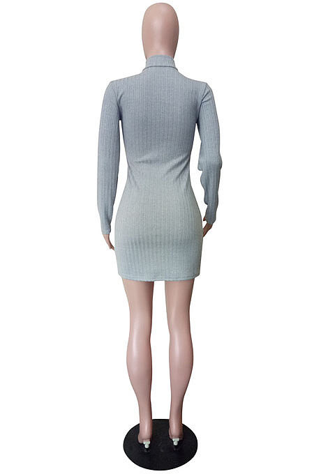 Women Ribber Long Sleeve High Neck Personality Single-Breasted Slim Fitting Solid Color Hip Dress LS6320