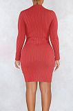 Women Ribber Long Sleeve High Neck Personality Single-Breasted Slim Fitting Solid Color Hip Dress LS6320