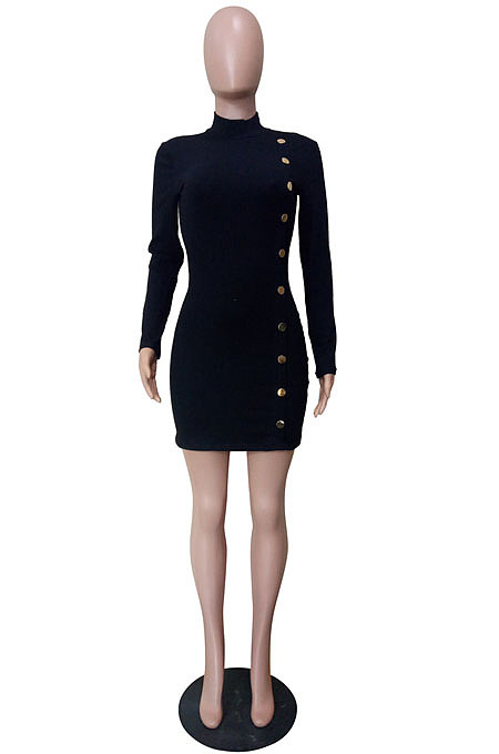 Women Ribber Long Sleeve High Neck Personality Single-Breasted Slim Fitting Solid Color Hip Dress LS6320