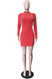 Women Ribber Long Sleeve High Neck Personality Single-Breasted Slim Fitting Solid Color Hip Dress LS6320