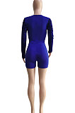 Euramerican Women Velvet Sequins Mesh Spaghetti Long Sleeve Zipper Romper Shorts Q8019