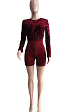 Euramerican Women Velvet Sequins Mesh Spaghetti Long Sleeve Zipper Romper Shorts Q8019