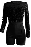 Euramerican Women Velvet Sequins Mesh Spaghetti Long Sleeve Zipper Romper Shorts Q8019