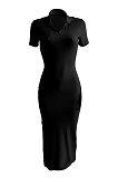 Euramerican Ribber Sexy Bodycon Pure Color Turn-Down Collar Side Split Midi Dress Q8018