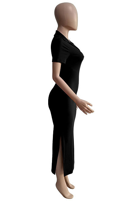 Euramerican Ribber Sexy Bodycon Pure Color Turn-Down Collar Side Split Midi Dress Q8018