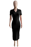 Euramerican Ribber Sexy Bodycon Pure Color Turn-Down Collar Side Split Midi Dress Q8018