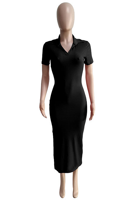 Euramerican Ribber Sexy Bodycon Pure Color Turn-Down Collar Side Split Midi Dress Q8018