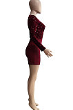 Euramerican Women Velvet Sequins Mesh Spaghetti Long Sleeve Zipper Romper Shorts Q8019