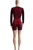 Euramerican Women Velvet Sequins Mesh Spaghetti Long Sleeve Zipper Romper Shorts Q8019
