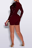 Euramerican Women Velvet Sequins Mesh Spaghetti Long Sleeve Zipper Romper Shorts Q8019