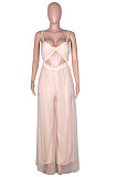 Women Gauze Condole Belt Zipper Strapless Sexy Wide Leg Jumpsuits Q8022