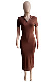 Euramerican Ribber Sexy Bodycon Pure Color Turn-Down Collar Side Split Midi Dress Q8018