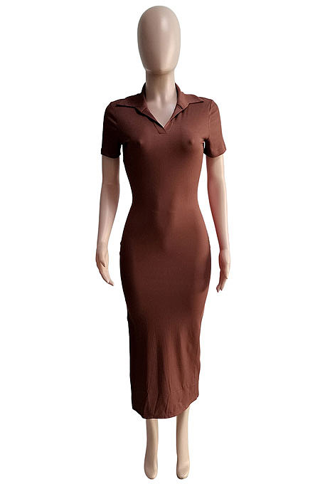 Euramerican Ribber Sexy Bodycon Pure Color Turn-Down Collar Side Split Midi Dress Q8018