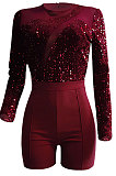 Euramerican Women Velvet Sequins Mesh Spaghetti Long Sleeve Zipper Romper Shorts Q8019