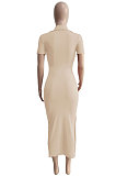 Euramerican Ribber Sexy Bodycon Pure Color Turn-Down Collar Side Split Midi Dress Q8018