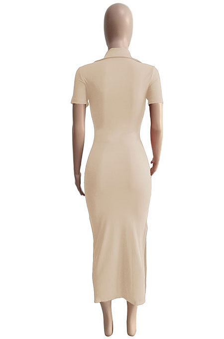 Euramerican Ribber Sexy Bodycon Pure Color Turn-Down Collar Side Split Midi Dress Q8018
