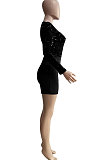 Euramerican Women Velvet Sequins Mesh Spaghetti Long Sleeve Zipper Romper Shorts Q8019