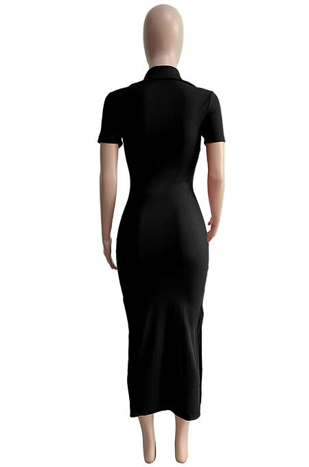 Euramerican Ribber Sexy Bodycon Pure Color Turn-Down Collar Side Split Midi Dress Q8018