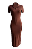 Euramerican Ribber Sexy Bodycon Pure Color Turn-Down Collar Side Split Midi Dress Q8018