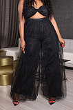 Women Gauze Condole Belt Zipper Strapless Sexy Wide Leg Jumpsuits Q8022