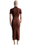 Euramerican Ribber Sexy Bodycon Pure Color Turn-Down Collar Side Split Midi Dress Q8018