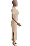 Euramerican Ribber Sexy Bodycon Pure Color Turn-Down Collar Side Split Midi Dress Q8018