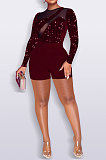 Euramerican Women Velvet Sequins Mesh Spaghetti Long Sleeve Zipper Romper Shorts Q8019