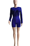 Euramerican Women Velvet Sequins Mesh Spaghetti Long Sleeve Zipper Romper Shorts Q8019