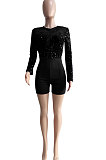 Euramerican Women Velvet Sequins Mesh Spaghetti Long Sleeve Zipper Romper Shorts Q8019