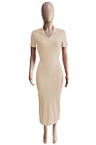 Euramerican Ribber Sexy Bodycon Pure Color Turn-Down Collar Side Split Midi Dress Q8018