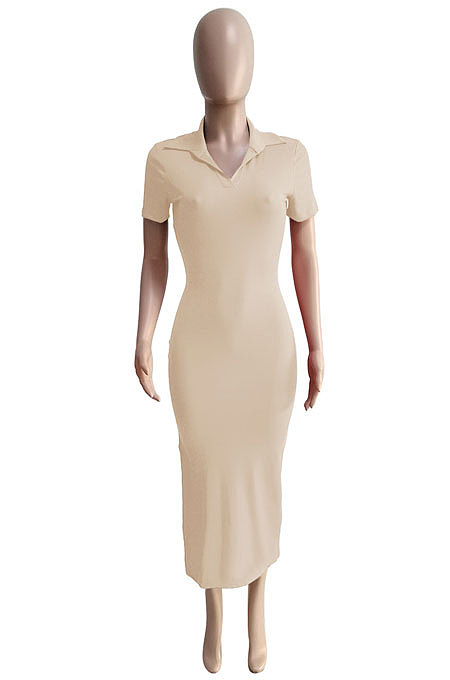 Euramerican Ribber Sexy Bodycon Pure Color Turn-Down Collar Side Split Midi Dress Q8018