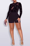 Euramerican Women Velvet Sequins Mesh Spaghetti Long Sleeve Zipper Romper Shorts Q8019