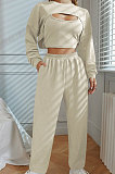 Women Pure Color Long Sleeve Sexy Crop Three Pieces XQ1160