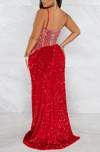 Sexy Condole Belt Irregular High Split Sequins Backless Long Dress CCY9545