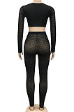 Euramerican Women Sexy Color Matching Long Sleeve Short Top Mesh Spaghetti Perspectivity Long Pants Sets XZ5561