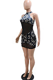 Velvet Printing Spliced Sexy Mesh Spaghetti Perspectivity Sleeveless Hip Bodycon Mini Dress CCY9546