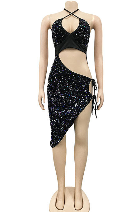 Euramerican Fashion Sexy Irregluar Condole Belt Hollow Out Split Bandage Mini Dress XZ5309