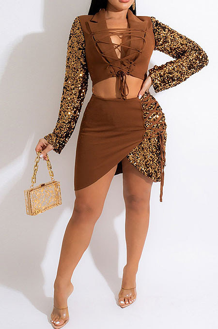 Fashion Sequins Spliced Sexy Bandage Long Sleeve Top Irregular Hip Skirts Sets CCY9543